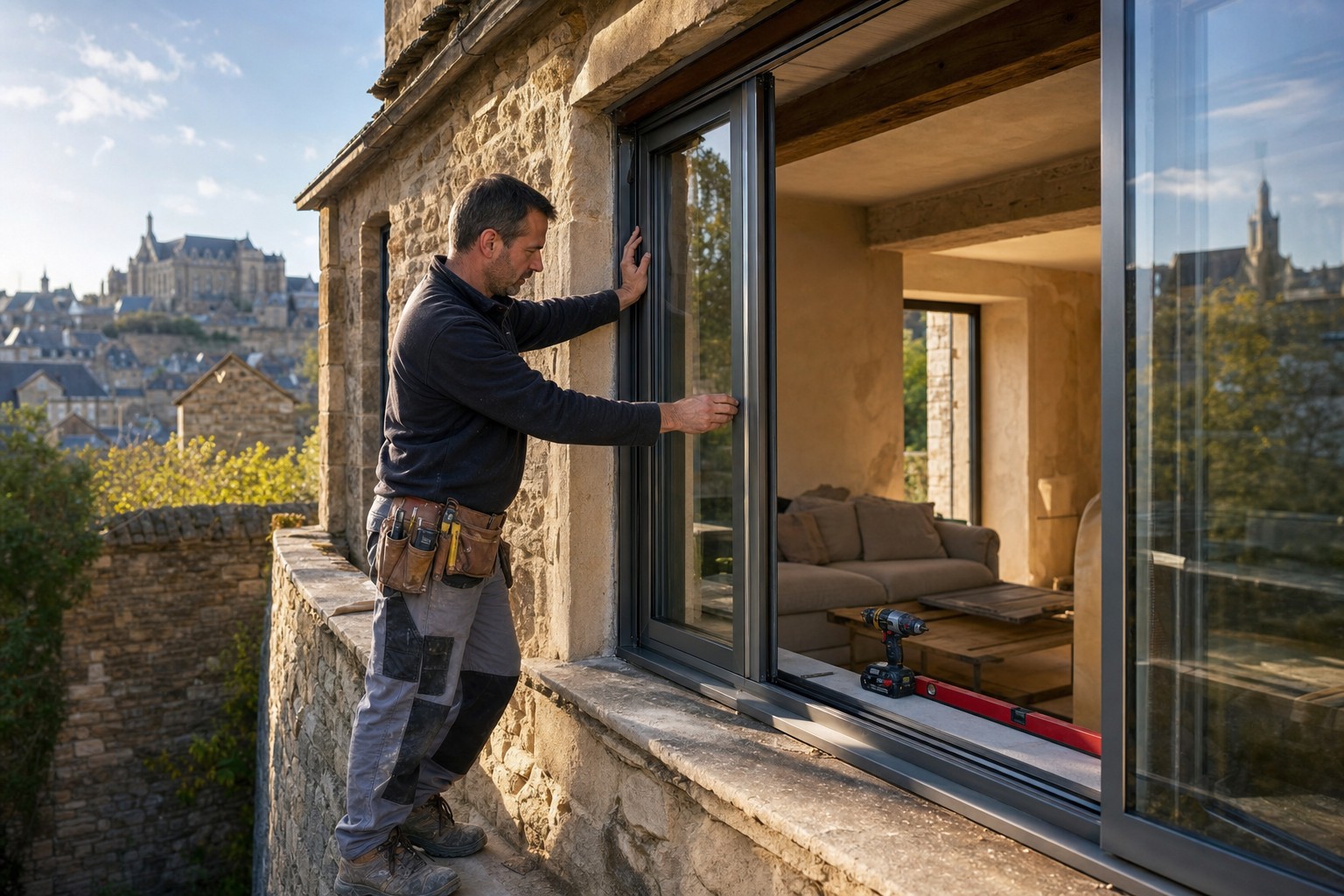 Menuisier posant une fenêtre sur mesure dans une maison en pierre à Rodez, lumière naturelle traversant le nouveau vitrage